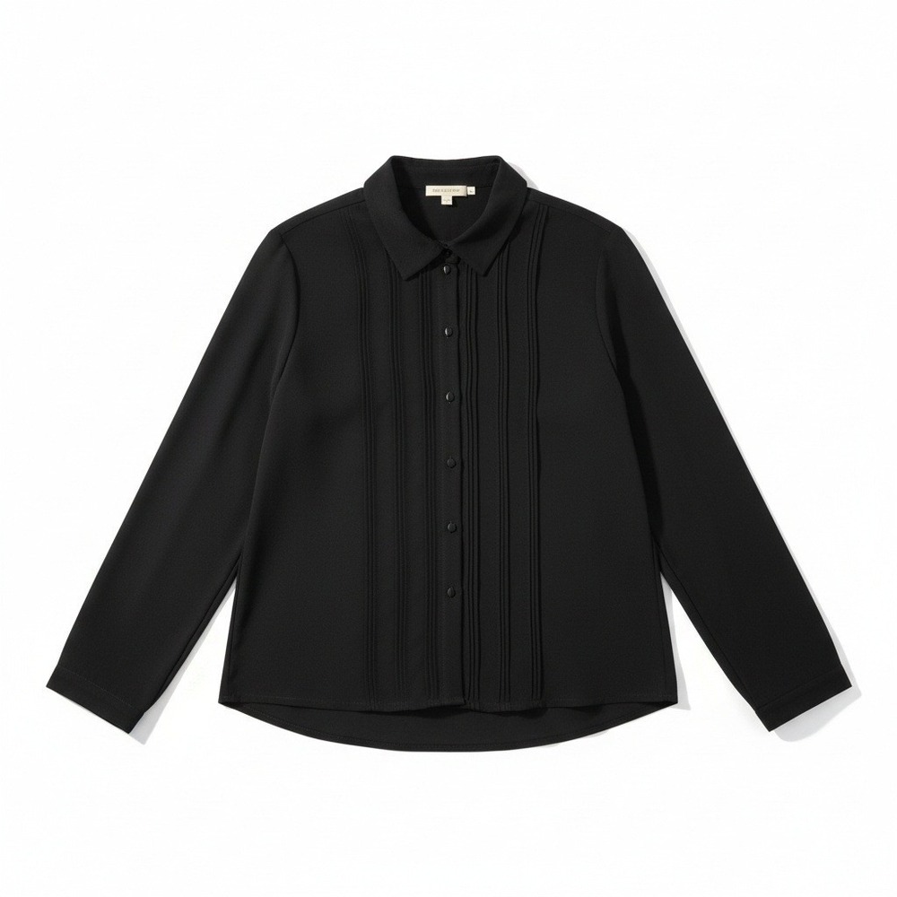 Janine Black Pintuck Pleated Button Down Long Sleeve Blouse Top
